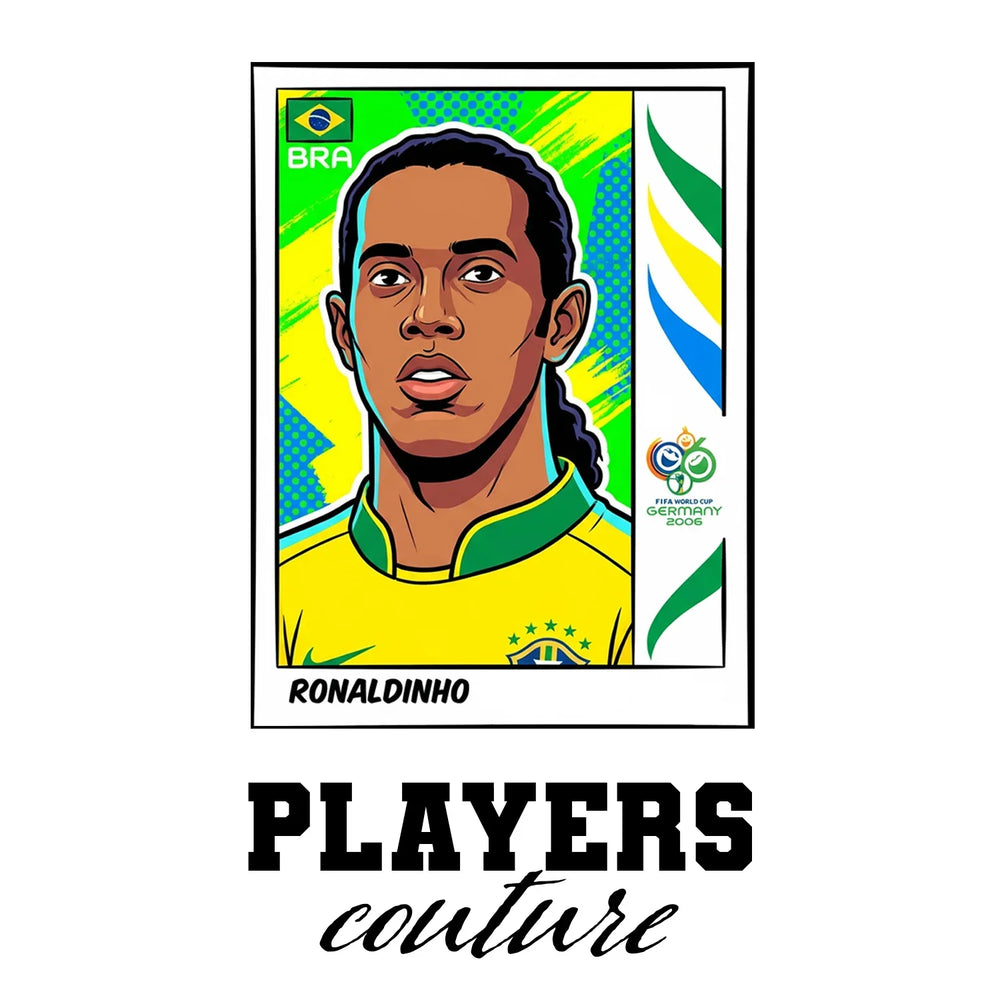 Ronaldinho World Cup Sticker Men's T-Shirt – white close-up detail shot of the Ronaldinho Players Couture logo design