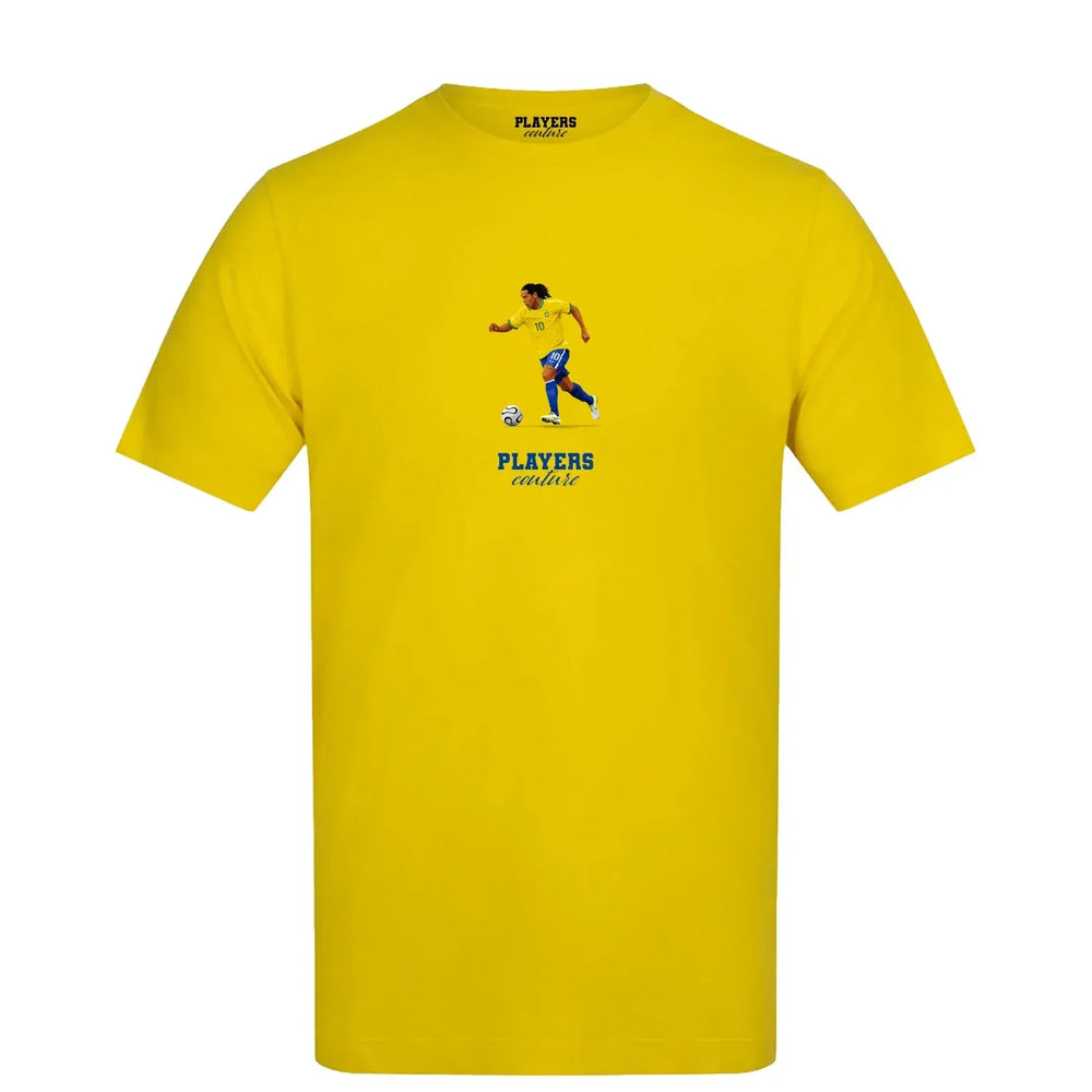 Ronaldinho Icon t-shirt – yellow men's t-shirt with black Ronaldinho Icon letters and Players Couture logo on the chest