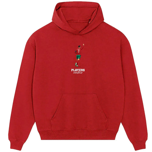 Cristiano Ronaldo hoodie – red men's hoodie with white Cristiano Ronaldo letters and Players Couture logo on the chest