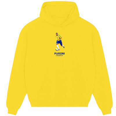 Ronaldo Nazario hoodie – yellow men's hoodie with black Ronaldo Nazario letters and Players Couture logo on the chest
