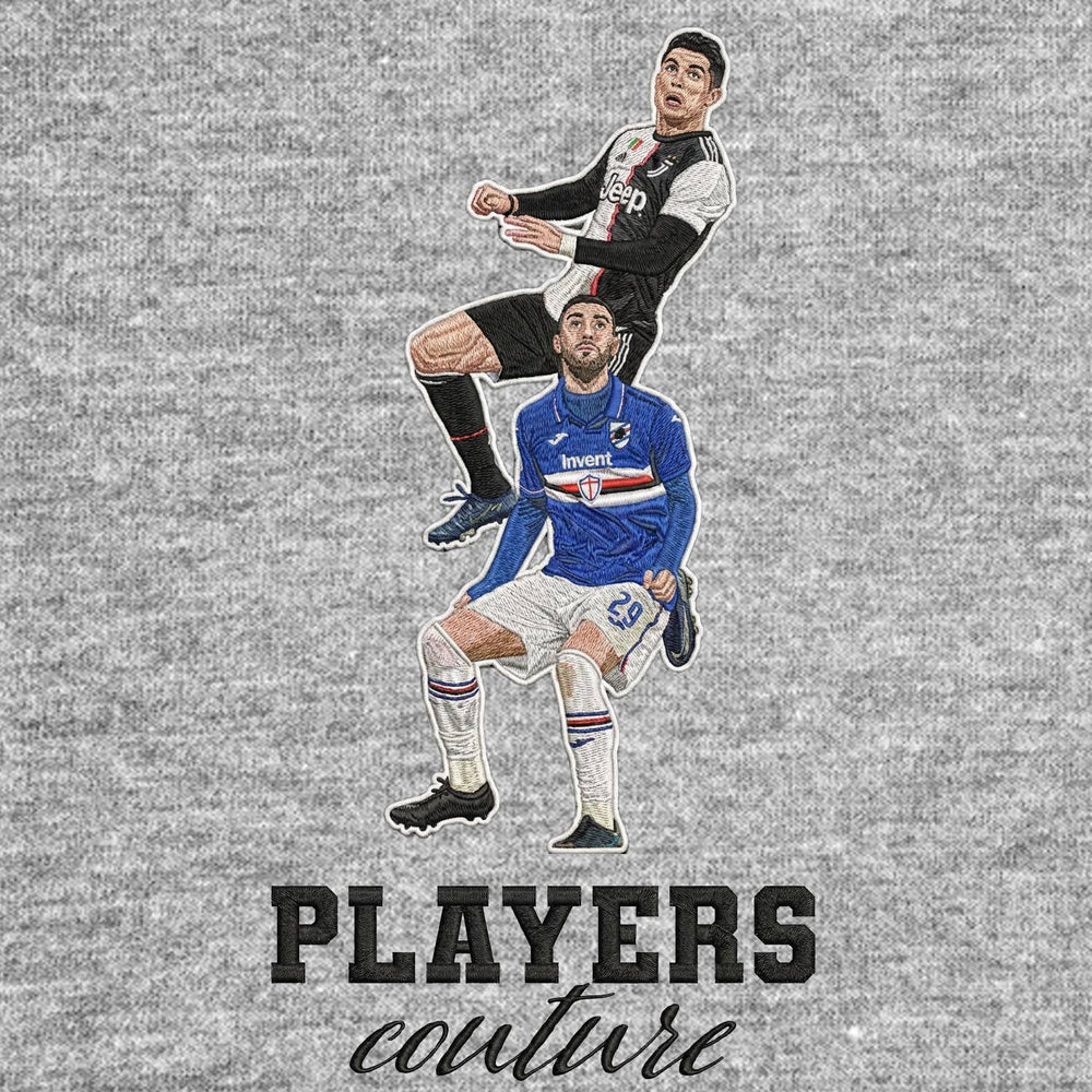 Ronaldo Header Badge Men's Hoodie – grey close-up detail shot of the Ronaldo Header Players Couture logo design