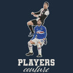 Ronaldo Header Badge Men's Hoodie – navy close-up detail shot of the Ronaldo Header Players Couture logo design