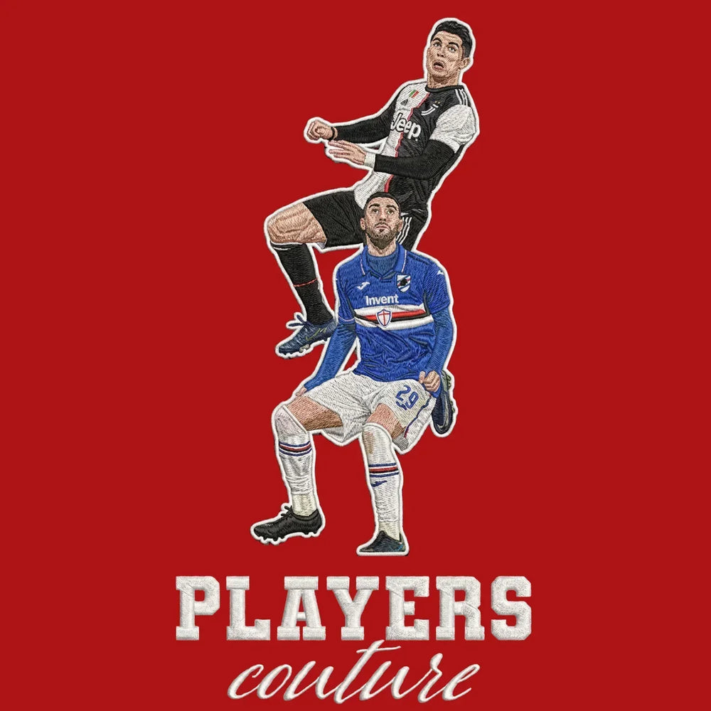 Ronaldo Header Badge Men's Hoodie – red close-up detail shot of the Ronaldo Header Players Couture logo design