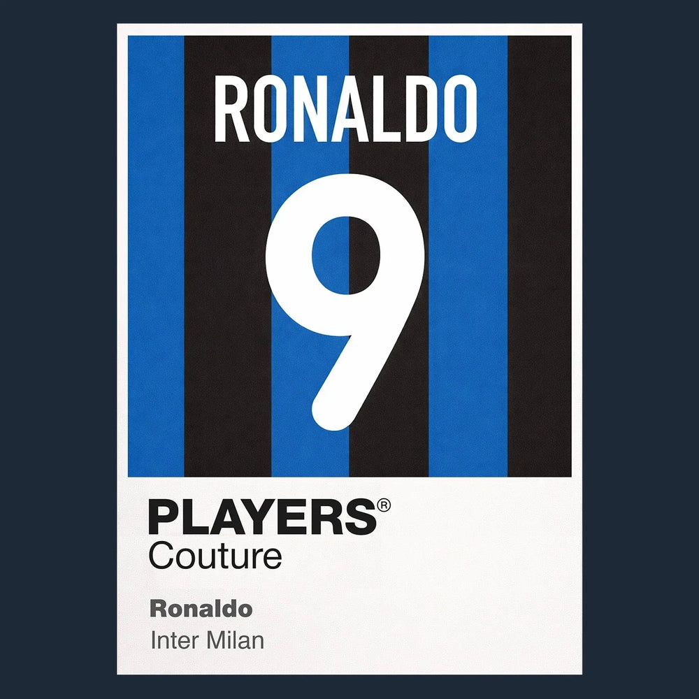 Ronaldo 9 Football Shirt Frame Men's Hoodie – navy close-up detail shot of the Ronaldo 9 Football Players Couture logo design