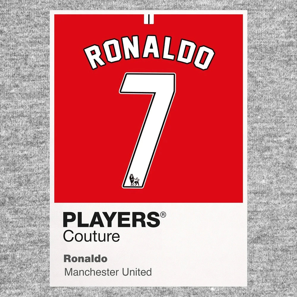 Ronaldo 7 Manchester United Football Shirt Frame Men's Hoodie – grey close-up detail shot of the Ronaldo Players Couture