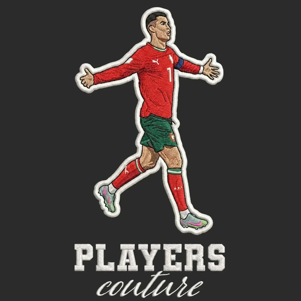 Ronaldo Portugal Badge Men's Hoodie – black close-up detail shot of the Ronaldo Portugal Players Couture logo design