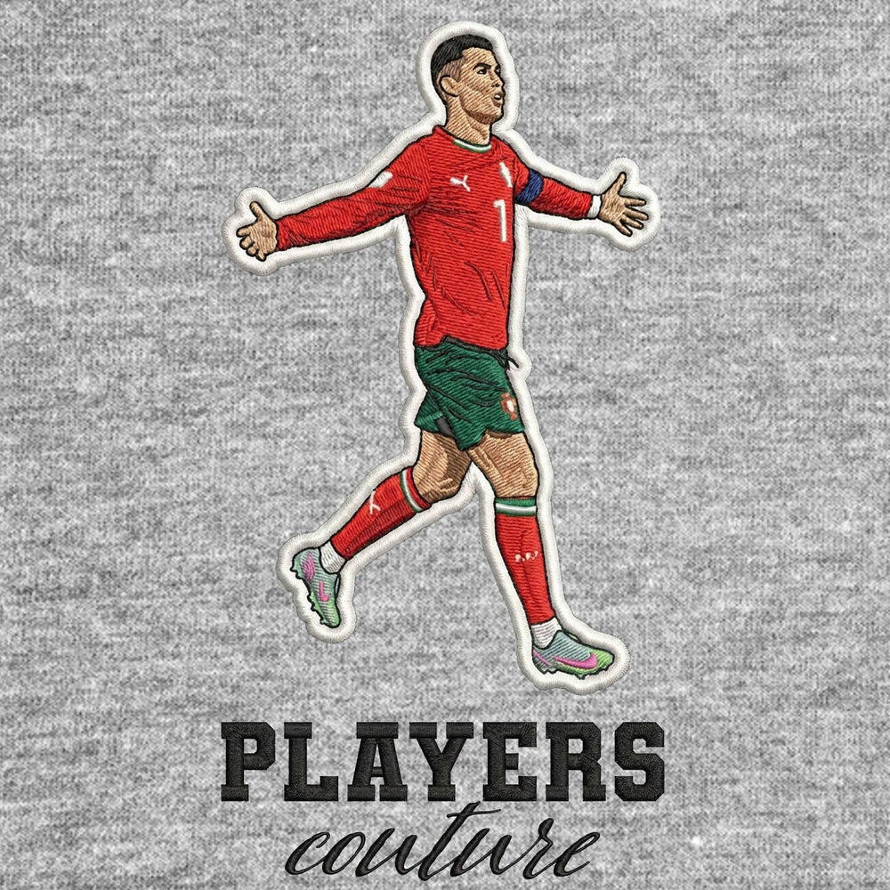 Ronaldo Portugal Badge Men's Hoodie – grey close-up detail shot of the Cristiano Ronaldo Players Couture logo design