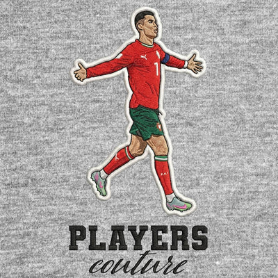 Ronaldo Portugal Badge Men's Hoodie – grey close-up detail shot of the Cristiano Ronaldo Players Couture logo design