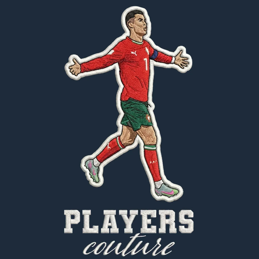 Ronaldo Portugal Badge Men's Hoodie – navy close-up detail shot of the Ronaldo Portugal Players Couture logo design