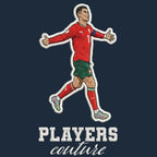 Ronaldo Portugal Badge Men's Hoodie – navy close-up detail shot of the Ronaldo Portugal Players Couture logo design