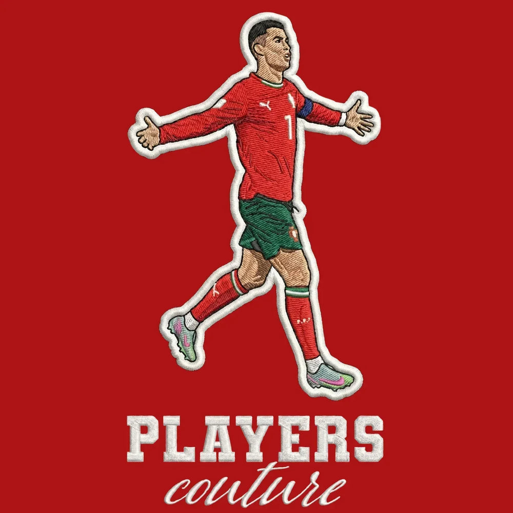 Ronaldo Portugal Badge Men's Hoodie – red close-up detail shot of the Ronaldo Portugal Players Couture logo design