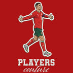 Ronaldo Portugal Badge Men's Hoodie – red close-up detail shot of the Ronaldo Portugal Players Couture logo design