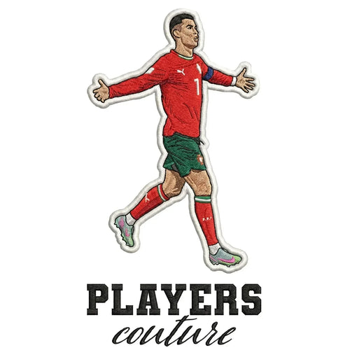 Ronaldo Portugal Badge Men's Hoodie – white close-up detail shot of the Ronaldo Portugal Players Couture logo design