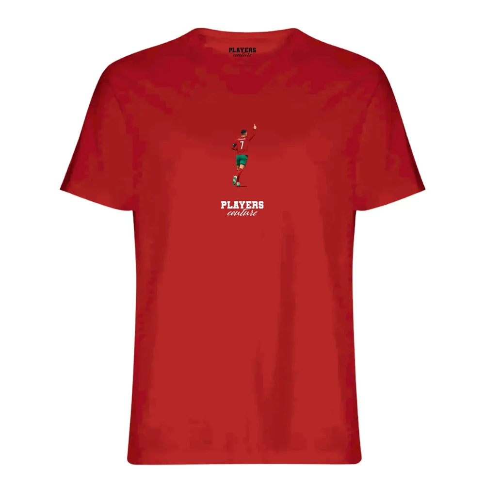Cristiano Ronaldo Icon t-shirt – red men's t-shirt with white Cristiano Ronaldo Icon letters and Players Couture logo on the