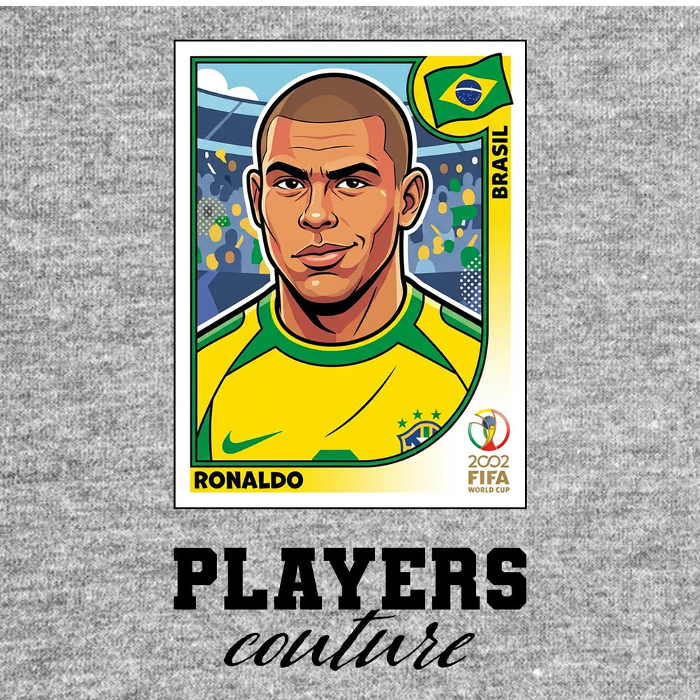Ronaldo R9 2002 World Cup Sticker Men's T-Shirt – grey close-up detail shot of the Ronaldo R9 2002 World Cup Players Couture