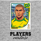 Ronaldo R9 2002 World Cup Sticker Men's T-Shirt – grey close-up detail shot of the Ronaldo R9 2002 World Cup Players Couture