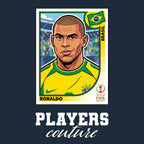 Ronaldo R9 2002 World Cup Sticker Men's T-Shirt – navy close-up detail shot of the Ronaldo R9 2002 World Cup Players Couture