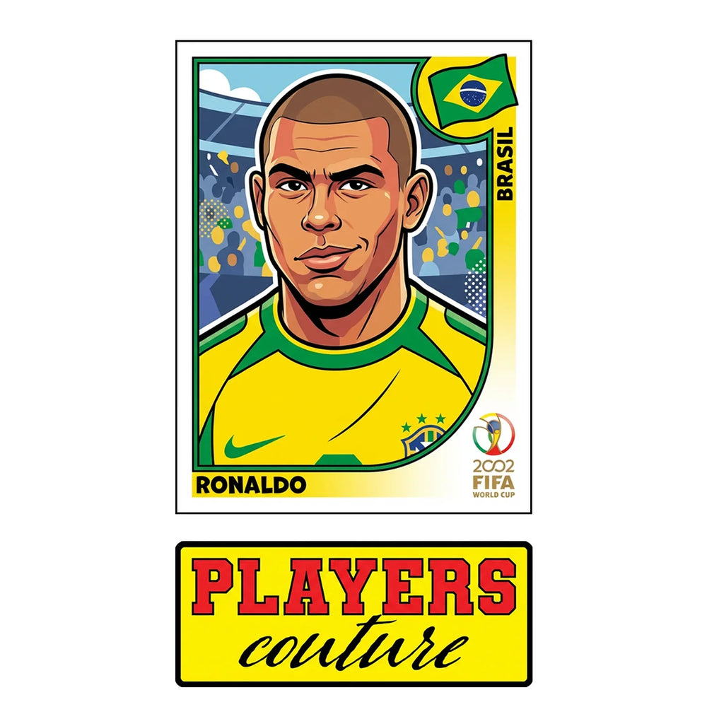 Ronaldo R9 2002 World Cup Sticker Men's T-Shirt – close-up detail shot of the Ronaldo R9 2002 World Cup Players Couture logo