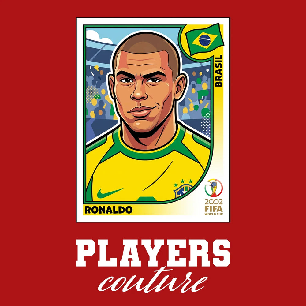 Ronaldo R9 2002 World Cup Sticker Men's T-Shirt – red close-up detail shot of the Ronaldo R9 2002 World Cup Players Couture