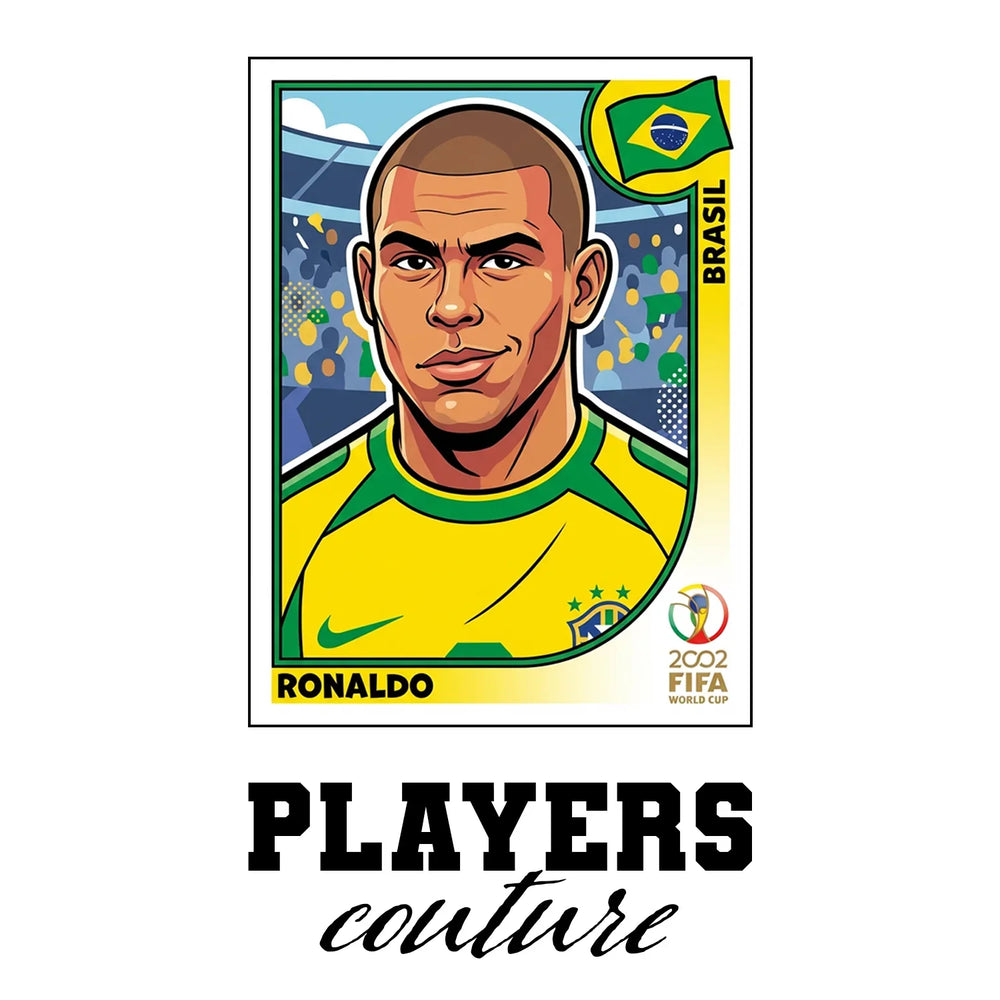 Ronaldo R9 2002 World Cup Sticker Men's T-Shirt – white close-up detail shot of the Ronaldo Nazario Players Couture logo