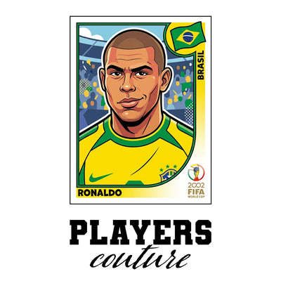 Ronaldo R9 2002 World Cup Sticker Men's T-Shirt – white close-up detail shot of the Ronaldo Nazario Players Couture logo
