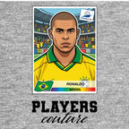 Ronaldo R9 1998 World Cup Sticker Men's T-Shirt – grey close-up detail shot of the Ronaldo R9 1998 World Cup Players Couture