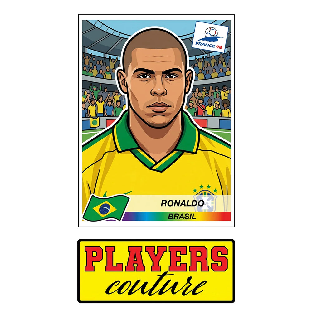 Ronaldo R9 1998 World Cup Sticker Men's T-Shirt – close-up detail shot of the Ronaldo R9 1998 World Cup Players Couture logo