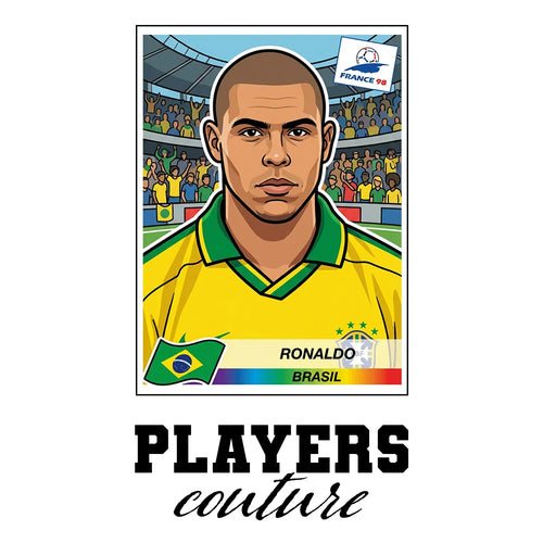 Ronaldo R9 1998 World Cup Sticker Men's T-Shirt – white close-up detail shot of the Ronaldo Nazario Players Couture logo