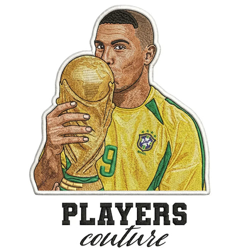 Ronaldo World Cup Badge Men's Hoodie – white close-up detail shot of the Ronaldo World Cup Players Couture logo design