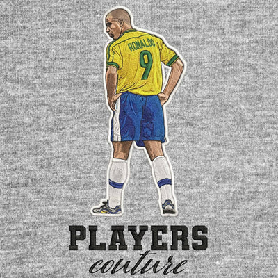 Ronaldo Brazil Badge Men's Hoodie – grey close-up detail shot of the Ronaldo Nazario Players Couture logo design