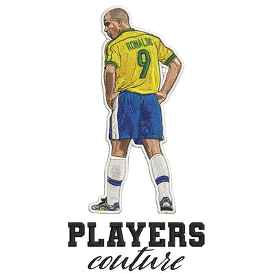 Ronaldo Brazil Badge Men's Hoodie – white close-up detail shot of the Ronaldo Brazil Players Couture logo design