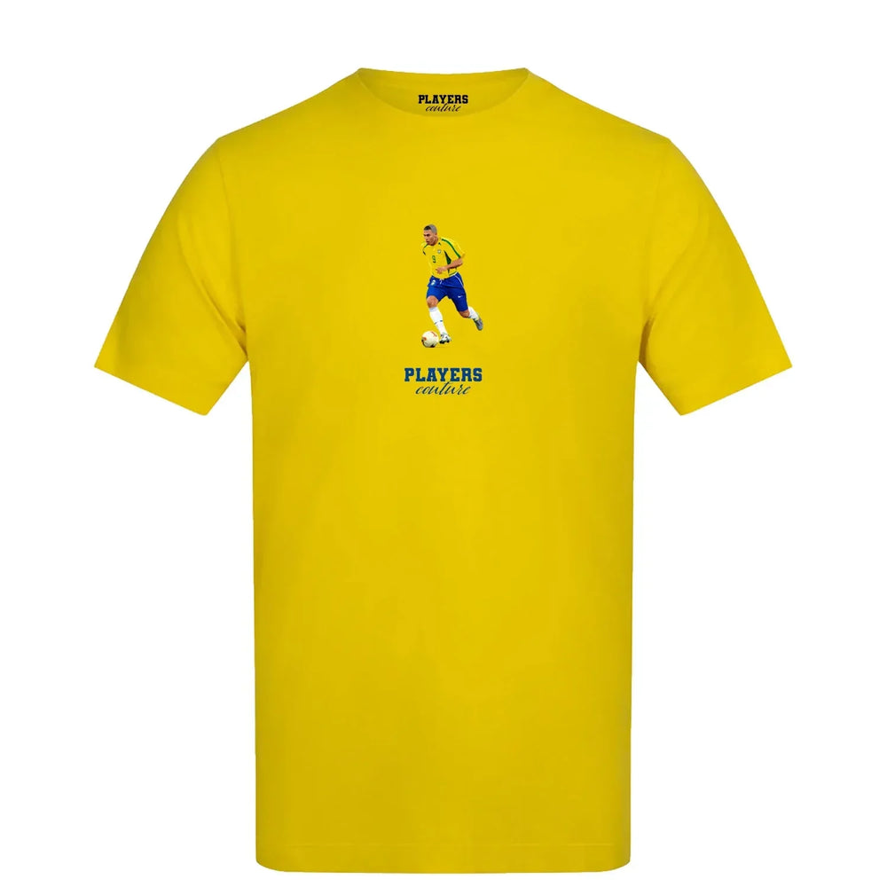 Ronaldo Nazario Icon t-shirt – yellow men's t-shirt with black Ronaldo Nazario Icon letters and Players Couture logo on the