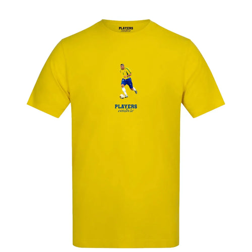 Ronaldo Nazario Icon t-shirt – yellow men's t-shirt with black Ronaldo Nazario Icon letters and Players Couture logo on the