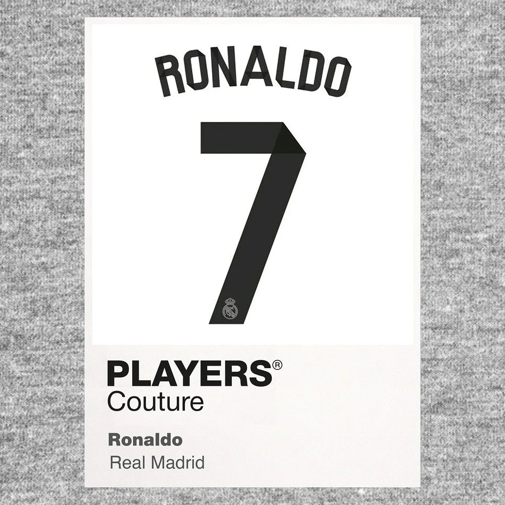 Ronaldo 7 Real Madrid Football Shirt Frame Men's Hoodie – grey close-up detail shot of the Ronaldo Players Couture logo