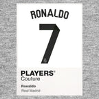 Ronaldo 7 Real Madrid Football Shirt Frame Men's Hoodie – grey close-up detail shot of the Ronaldo Players Couture logo