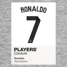 Ronaldo 7 Real Madrid Football Shirt Frame Men's Hoodie – grey close-up detail shot of the Ronaldo Players Couture logo