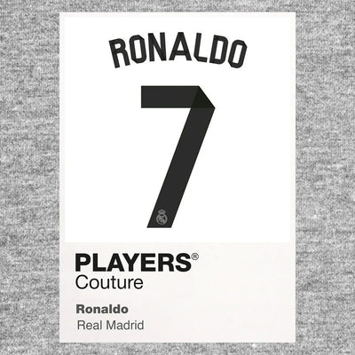 Ronaldo 7 Real Madrid Football Shirt Frame Men's Hoodie – grey close-up detail shot of the Ronaldo Players Couture logo