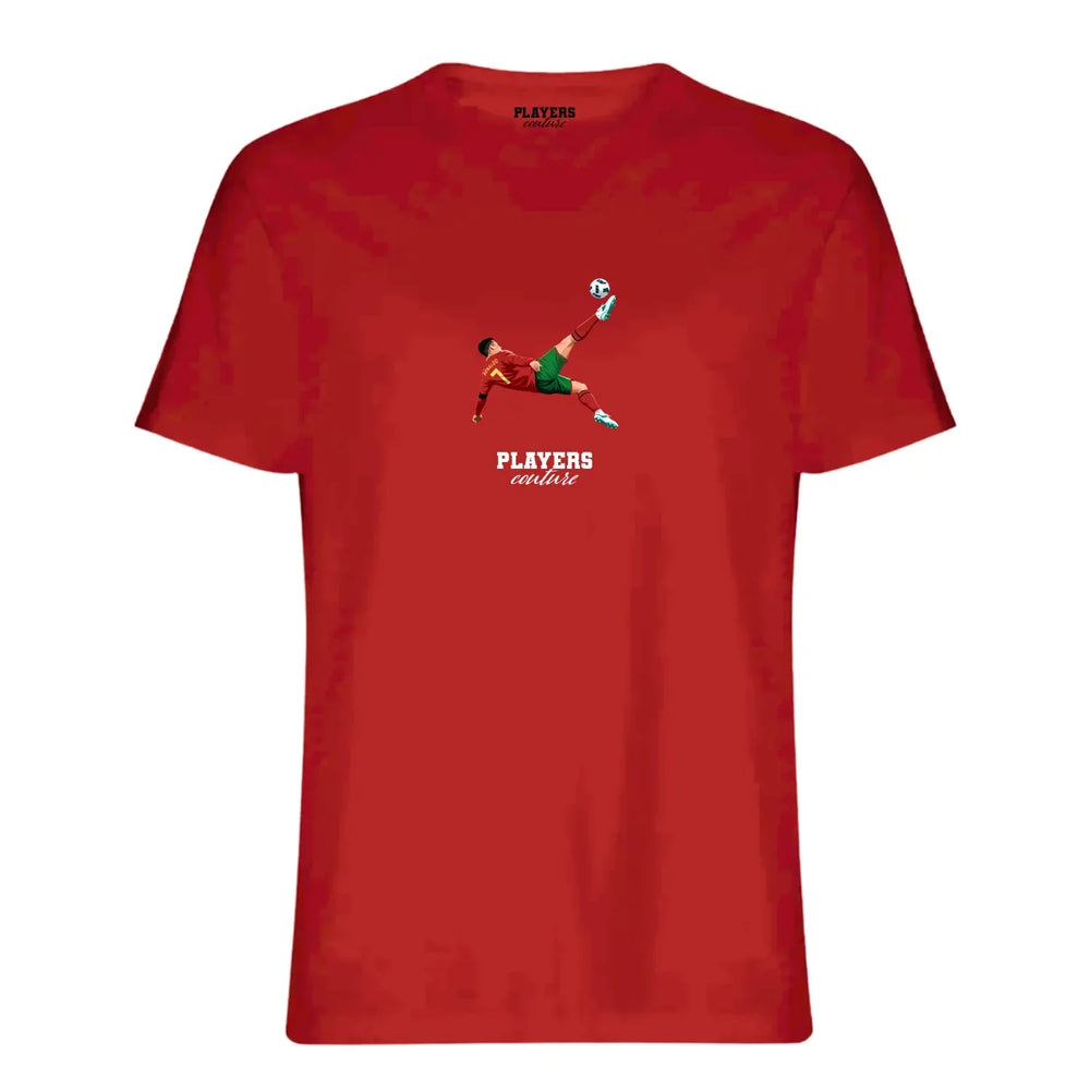 Cristiano Ronaldo Overhead Kick Icon t-shirt – red men's t-shirt with white Cristiano Ronaldo Overhead Kick Icon letters and