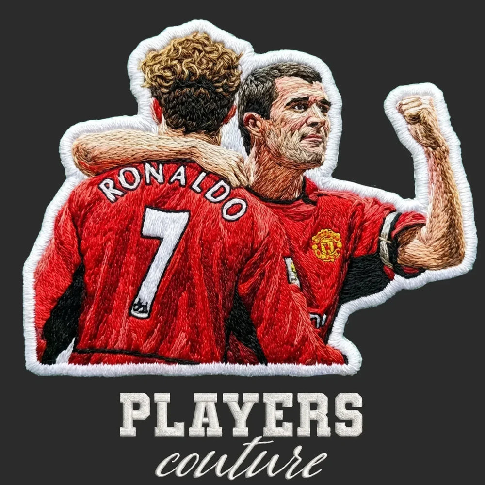Roy Keane Badge Men's Hoodie – black close-up detail shot of the Roy Keane Players Couture logo design