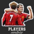 Roy Keane Badge Men's Hoodie – black close-up detail shot of the Roy Keane Players Couture logo design