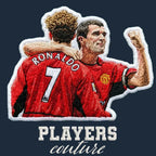 Roy Keane Badge Men's Hoodie – navy close-up detail shot of the Roy Keane Players Couture logo design