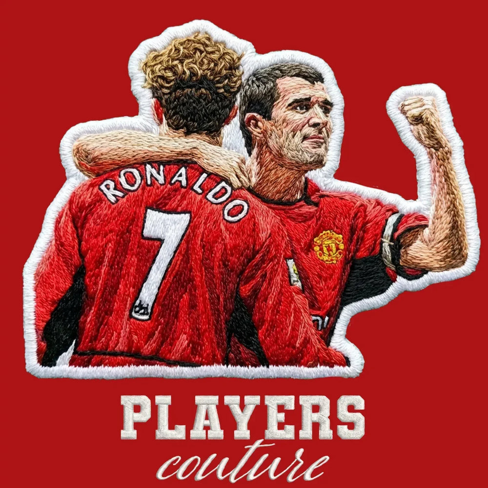 Roy Keane Badge Men's Hoodie – red close-up detail shot of the Roy Keane Players Couture logo design