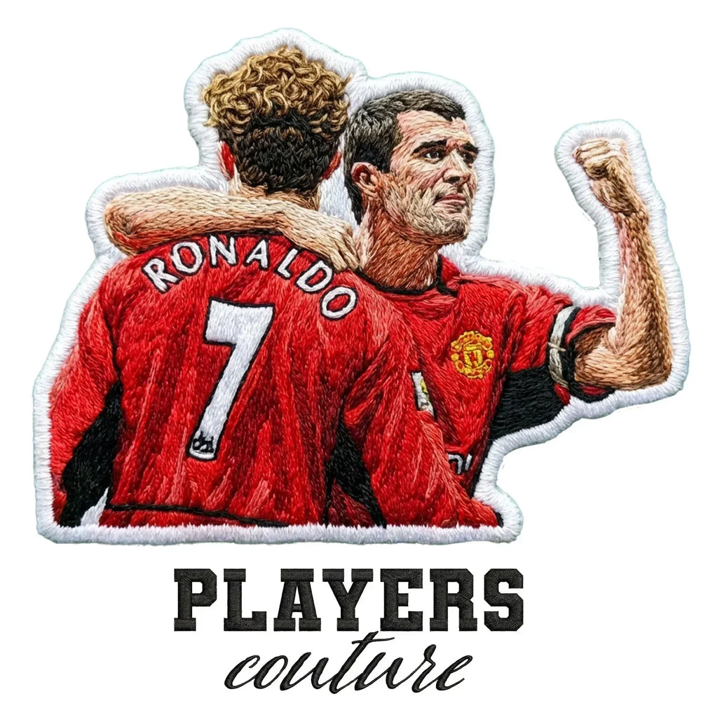Roy Keane Badge Men's Hoodie – white close-up detail shot of the Roy Keane Players Couture logo design