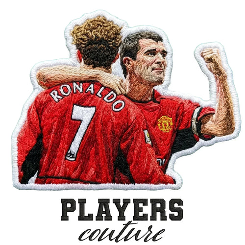 Roy Keane Badge Men's Hoodie – white close-up detail shot of the Roy Keane Players Couture logo design