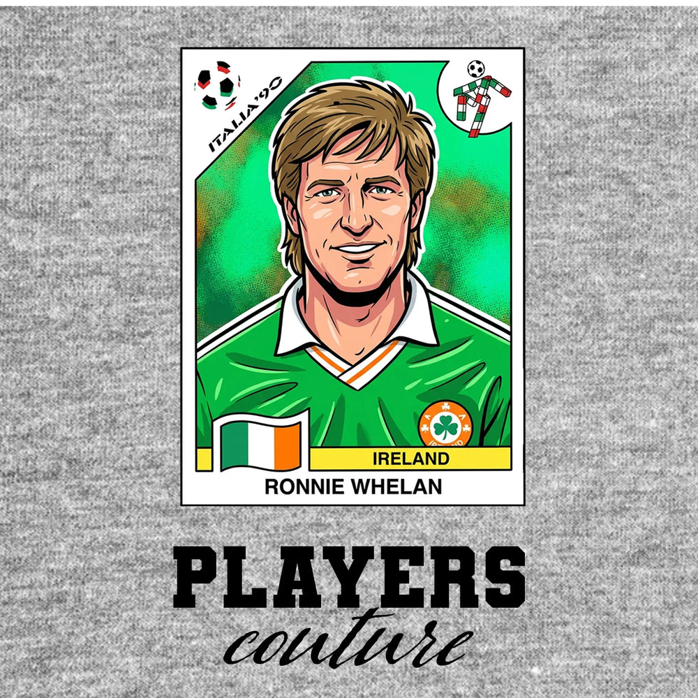 Ronnie Whelan World Cup Sticker Men's T-Shirt – grey close-up detail shot of the Ronnie Whelan World Cup Players Couture
