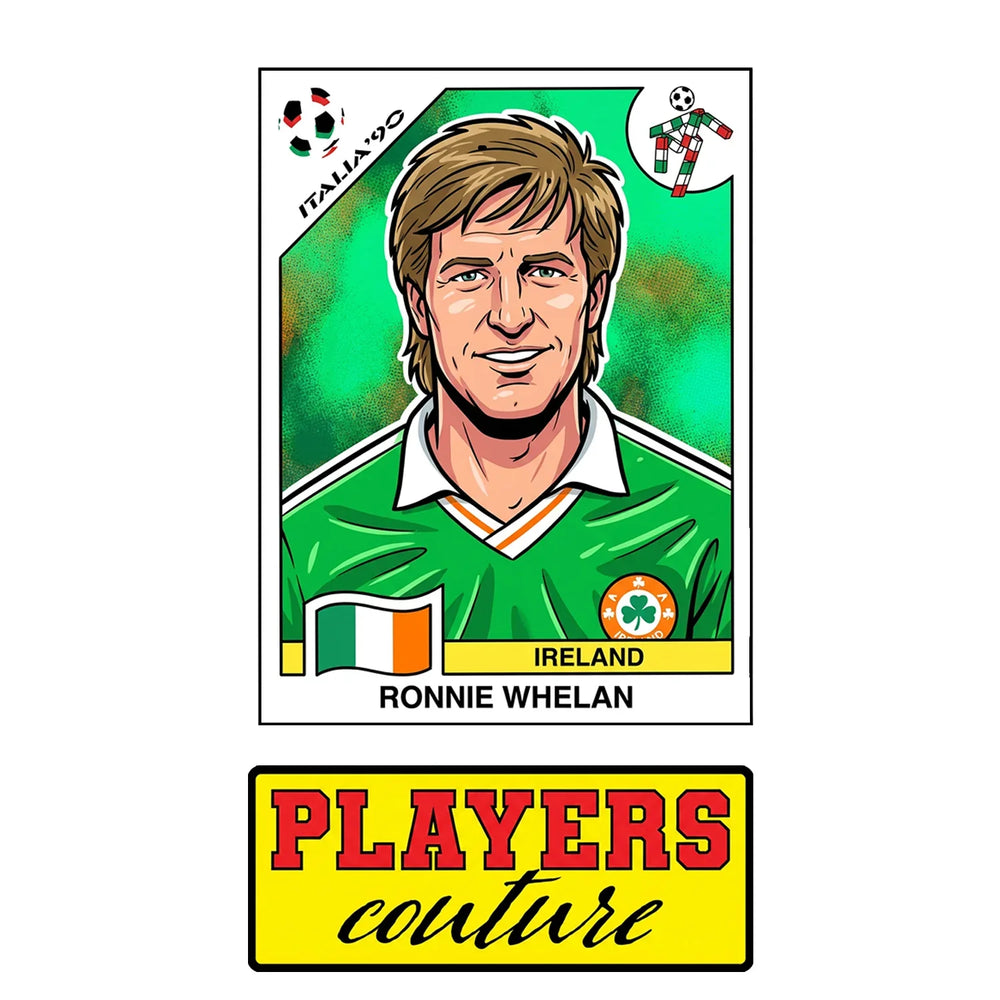Ronnie Whelan World Cup Sticker Men's T-Shirt – close-up detail shot of the Ronnie Whelan World Cup Players Couture logo