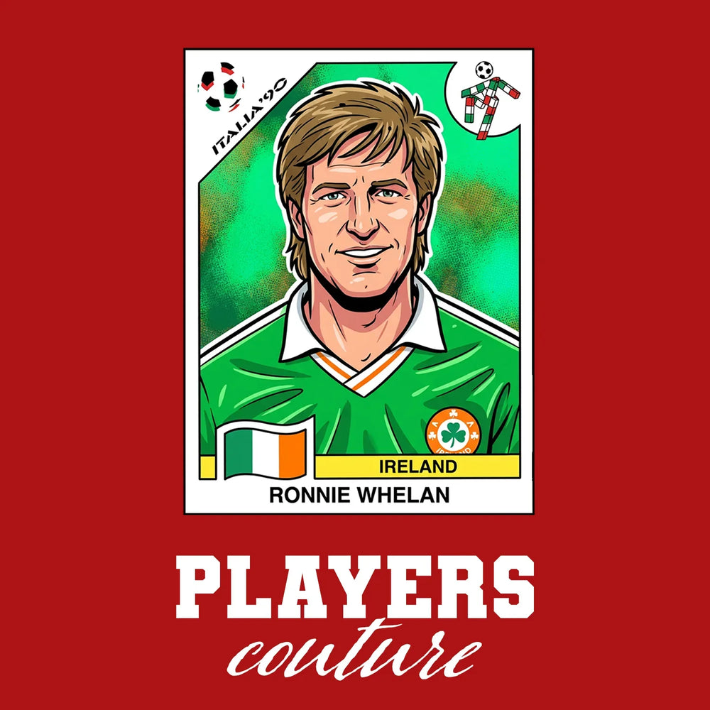 Ronnie Whelan World Cup Sticker Men's T-Shirt – red close-up detail shot of the Ronnie Whelan World Cup Players Couture logo