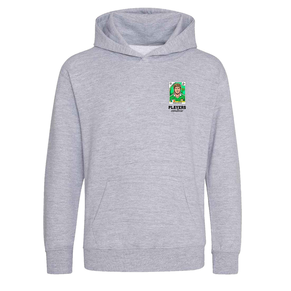 Ronnie Whelan World Cup Sticker Kids Hoodie – ronnie whelan sticker kids grey hoodie Players Couture design