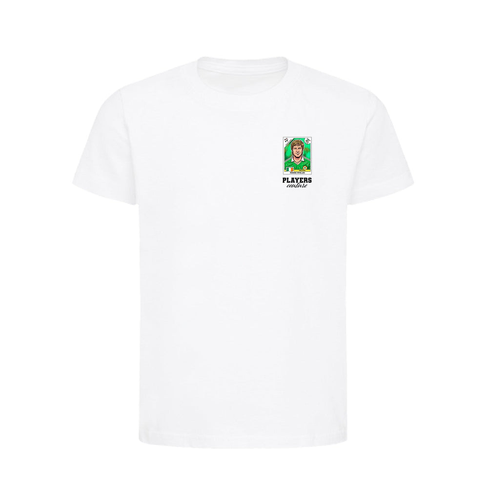 Ronnie Whelan World Cup Sticker Kids T-Shirt – ronnie whelan sticker kids white tshirt Players Couture design