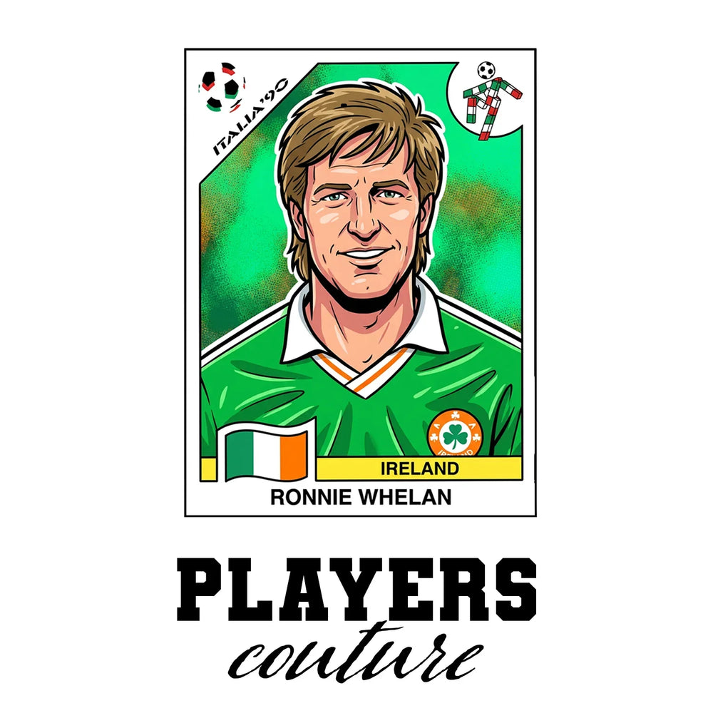 Ronnie Whelan World Cup Sticker Men's T-Shirt – white close-up detail shot of the Ronnie Whelan Players Couture logo design